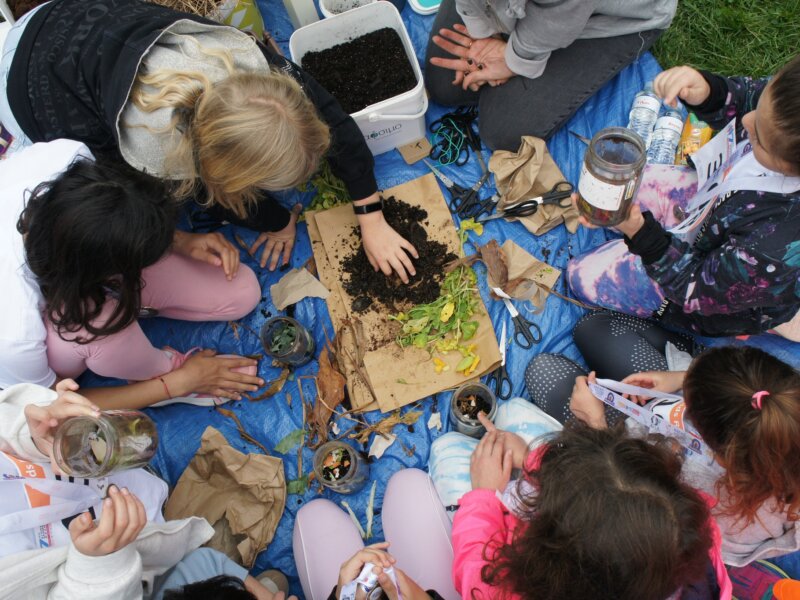 Overhead photo of a group of children engaged in activities with herbs and seeds.